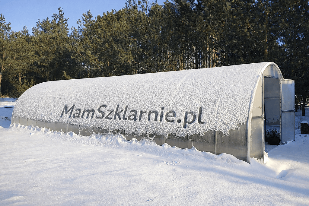 SZKLARNIE STALOWE Szklarnia stalowa zimą pokryta śniegiem – solidna konstrukcja do całorocznej uprawy